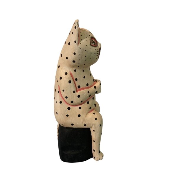 Wood Folk Art Polka Dot Cat Figurine With Red Details - Picture 3 of 6